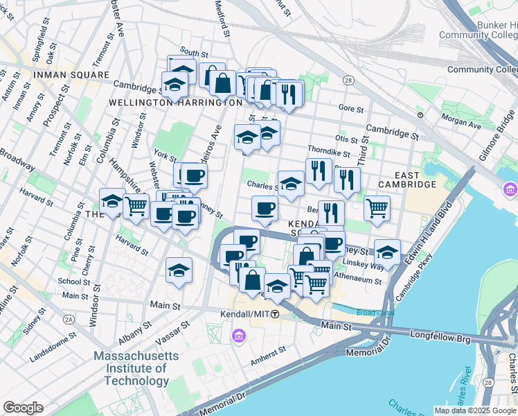 map of restaurants, bars, coffee shops, grocery stores, and more near 300 Bent Street in Cambridge