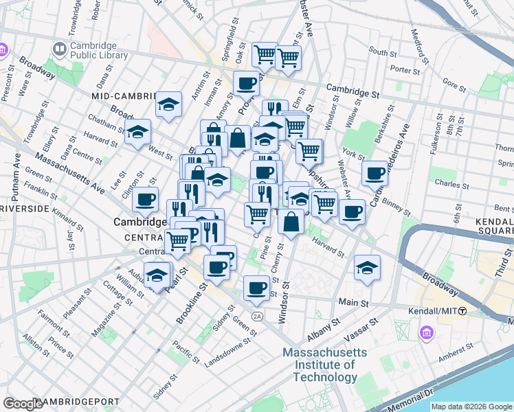 map of restaurants, bars, coffee shops, grocery stores, and more near 10 Elm Street in Cambridge
