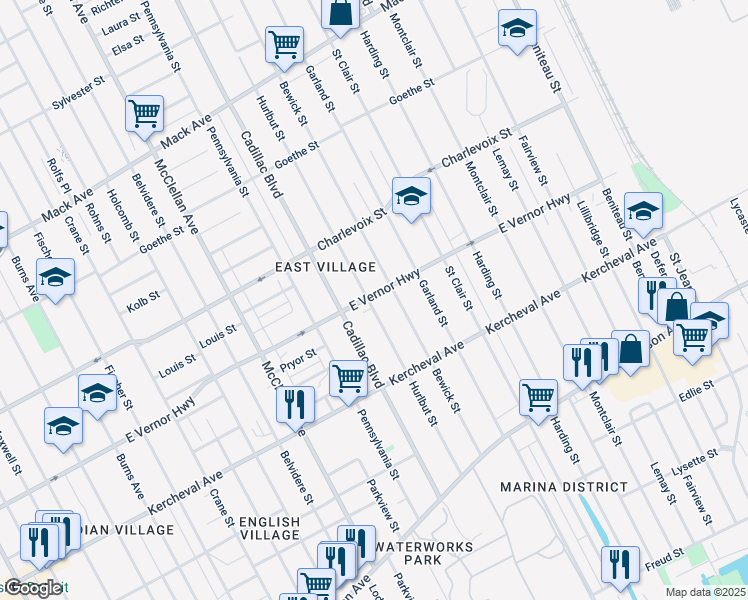 map of restaurants, bars, coffee shops, grocery stores, and more near 2280 Hurlbut Street in Detroit