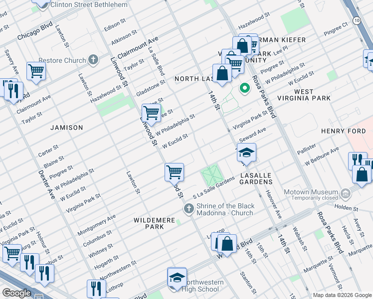 map of restaurants, bars, coffee shops, grocery stores, and more near 2412 Virginia Park Street in Detroit