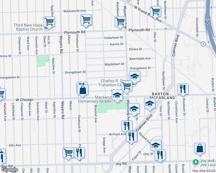 map of restaurants, bars, coffee shops, grocery stores, and more near 10169 Violetlawn Street in Detroit