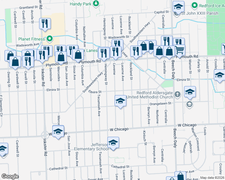 map of restaurants, bars, coffee shops, grocery stores, and more near 11322 Hemingway Street in Redford Charter Township