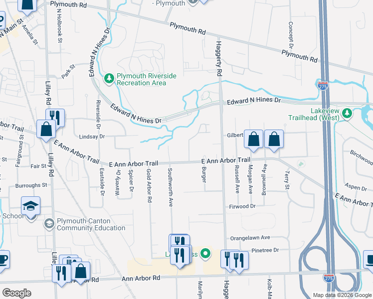 map of restaurants, bars, coffee shops, grocery stores, and more near 11667 Sycamore Road in Plymouth