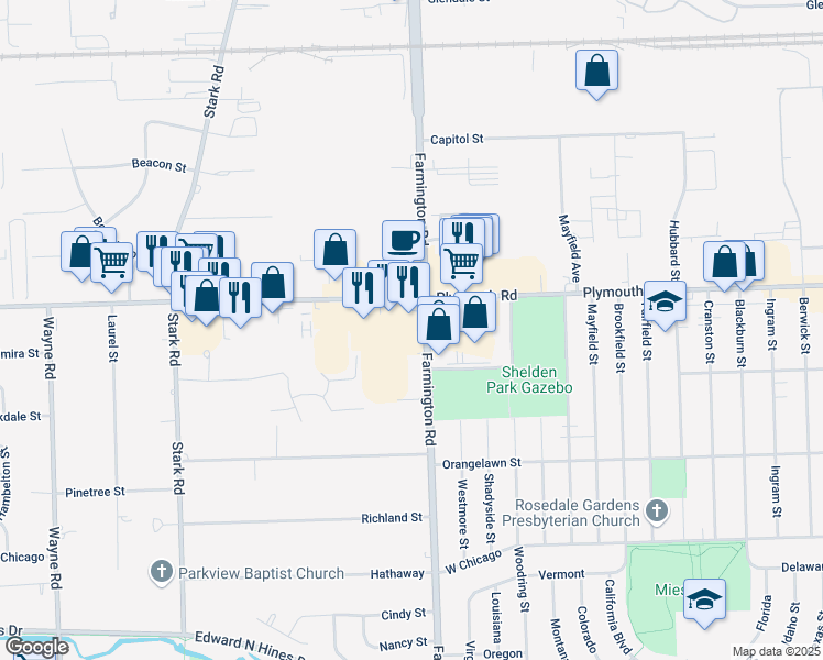 map of restaurants, bars, coffee shops, grocery stores, and more near 11589 Farmington Road in Livonia