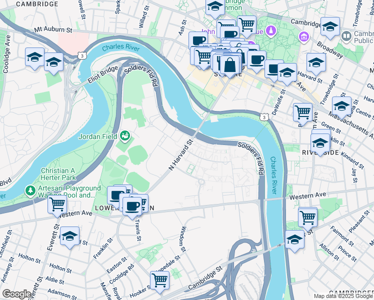 map of restaurants, bars, coffee shops, grocery stores, and more near 24 Harvard Way in Boston