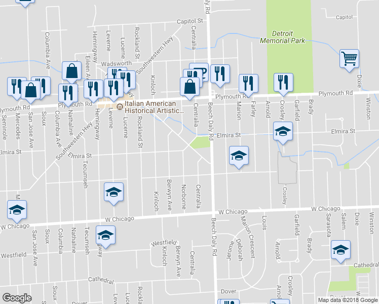 map of restaurants, bars, coffee shops, grocery stores, and more near 25953 Fordson Highway in Redford Charter Township