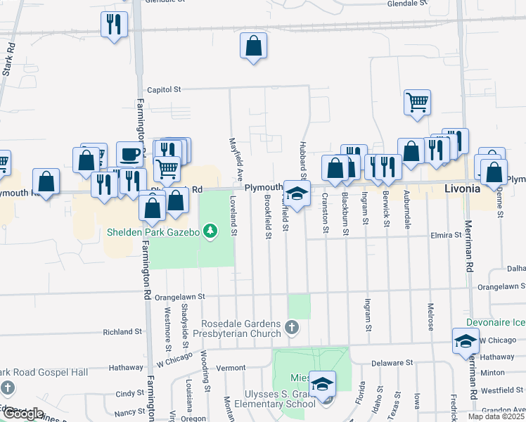 map of restaurants, bars, coffee shops, grocery stores, and more near 11421 Brookfield Street in Livonia