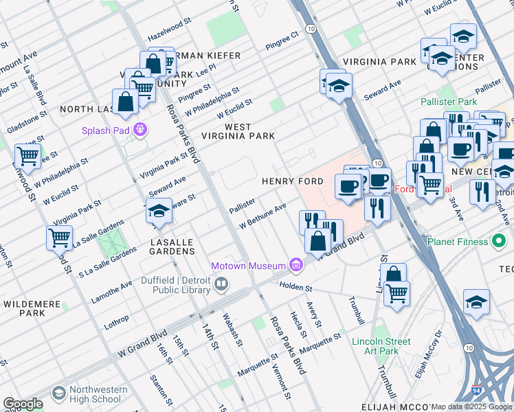 map of restaurants, bars, coffee shops, grocery stores, and more near 1707 Pallister in Detroit