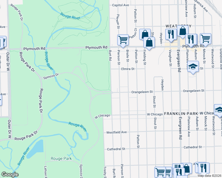 map of restaurants, bars, coffee shops, grocery stores, and more near 20834 Orangelawn Street in Detroit