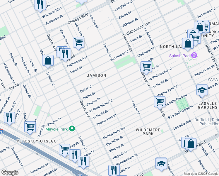map of restaurants, bars, coffee shops, grocery stores, and more near 3001 Blaine Street in Detroit