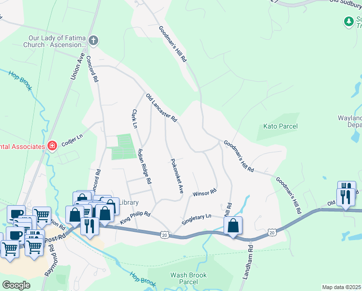 map of restaurants, bars, coffee shops, grocery stores, and more near 39 Old Lancaster Road in Sudbury