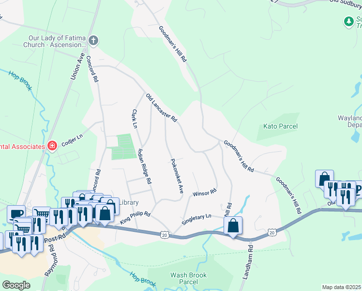 map of restaurants, bars, coffee shops, grocery stores, and more near 39 Old Lancaster Road in Sudbury