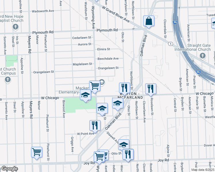 map of restaurants, bars, coffee shops, grocery stores, and more near 9600 Wyoming Avenue in Detroit