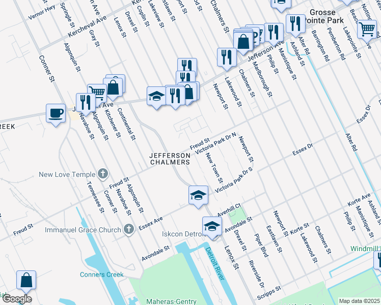 map of restaurants, bars, coffee shops, grocery stores, and more near 13121 Victoria Park Drive North in Detroit