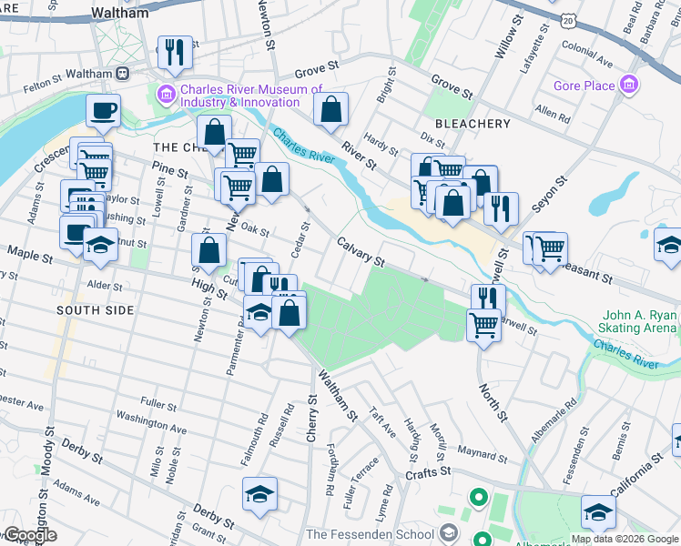 map of restaurants, bars, coffee shops, grocery stores, and more near 36 Moore Street in Waltham