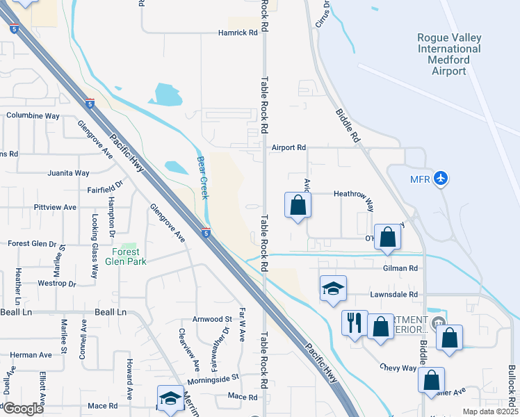 map of restaurants, bars, coffee shops, grocery stores, and more near 3479 Table Rock Road in Medford