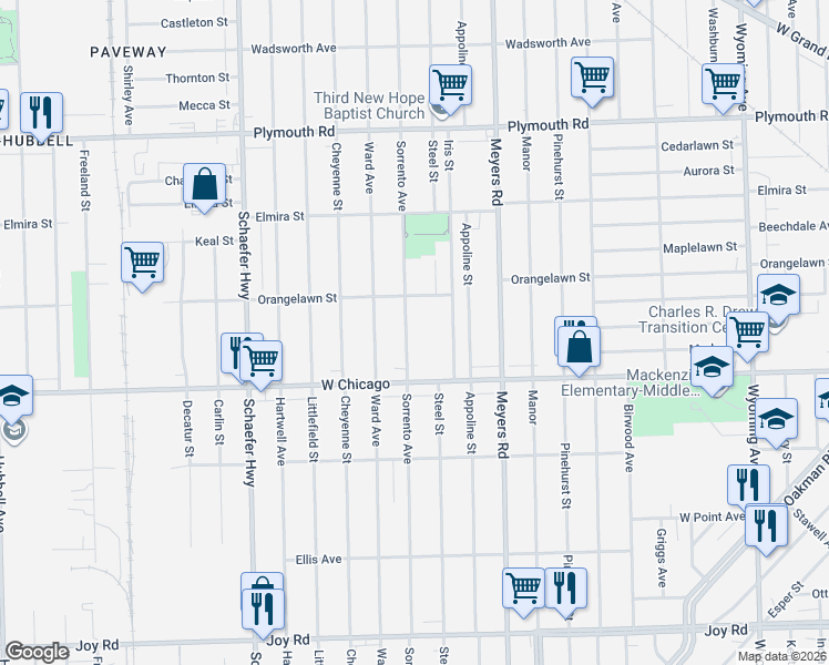 map of restaurants, bars, coffee shops, grocery stores, and more near 9607 Sorrento Avenue in Detroit