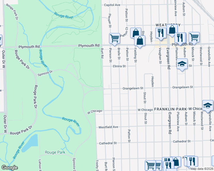 map of restaurants, bars, coffee shops, grocery stores, and more near 20834 Orangelawn Street in Detroit
