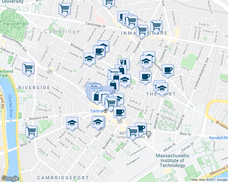 map of restaurants, bars, coffee shops, grocery stores, and more near Prospect St & St Paul St in Cambridge