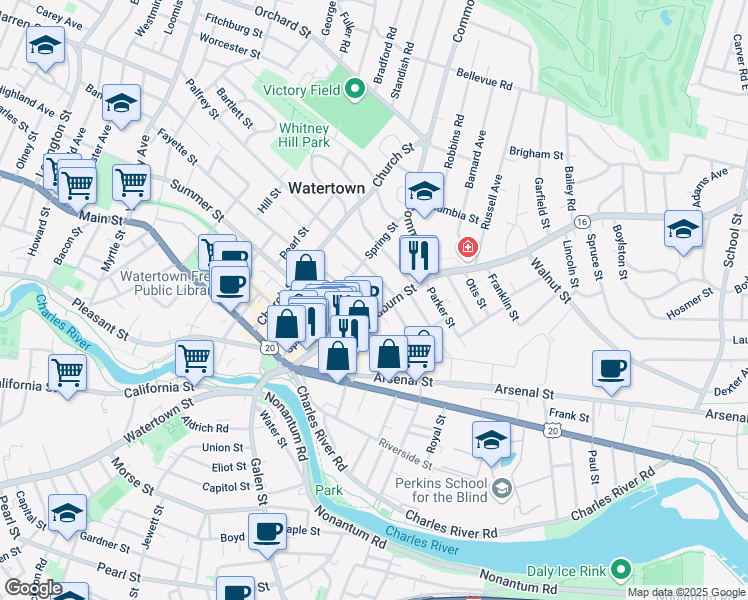 map of restaurants, bars, coffee shops, grocery stores, and more near 92 Mount Auburn Street in Watertown