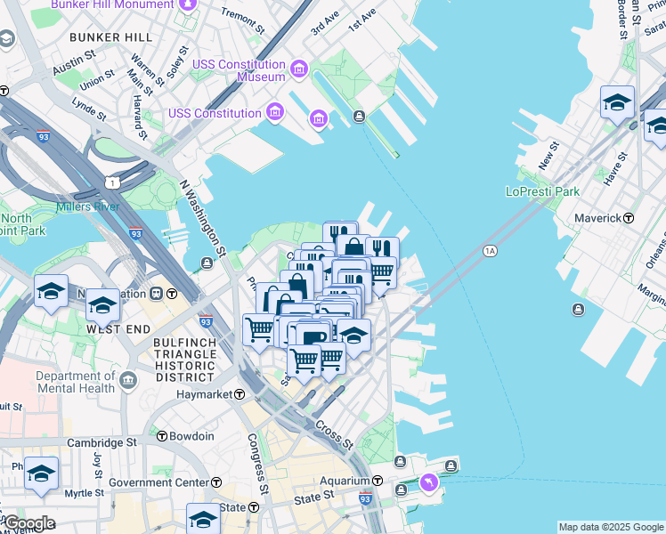 map of restaurants, bars, coffee shops, grocery stores, and more near 24 Henchman Street in Boston