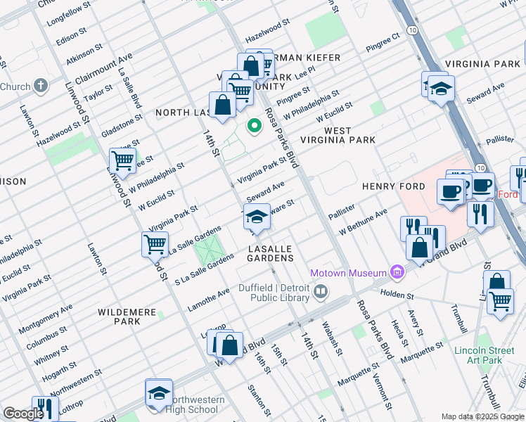 map of restaurants, bars, coffee shops, grocery stores, and more near 2052 Delaware Street in Detroit