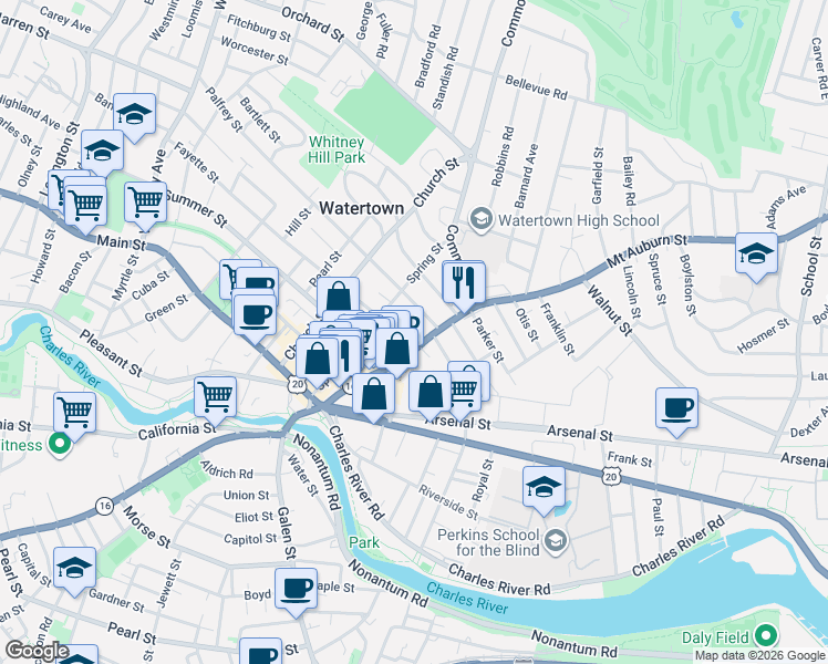 map of restaurants, bars, coffee shops, grocery stores, and more near 92 Mount Auburn Street in Watertown