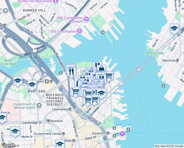 map of restaurants, bars, coffee shops, grocery stores, and more near 6 Foster Street in Boston