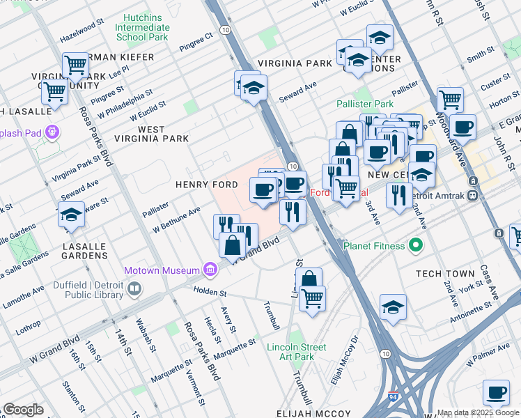 map of restaurants, bars, coffee shops, grocery stores, and more near 2799 West Grand Boulevard in Detroit
