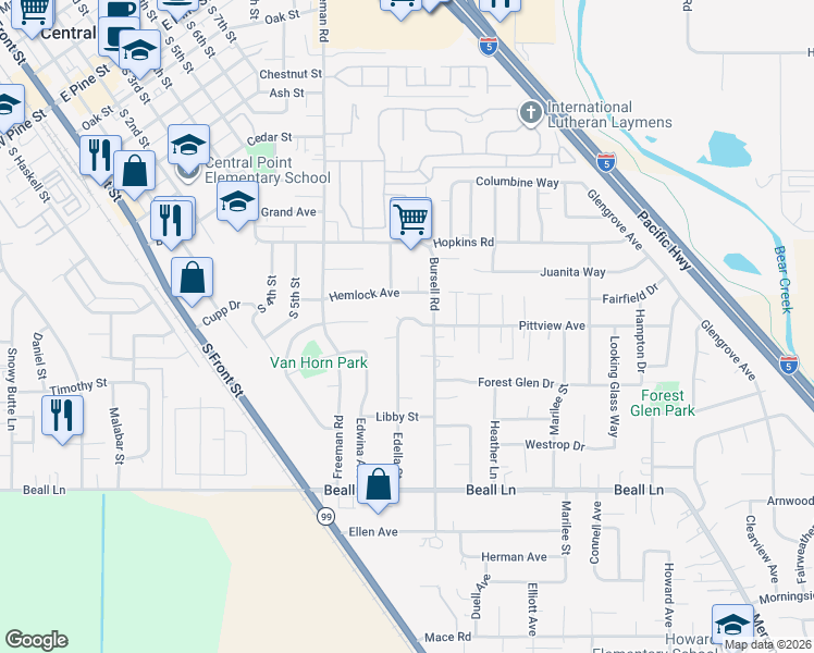 map of restaurants, bars, coffee shops, grocery stores, and more near 913 Pittview Court in Central Point