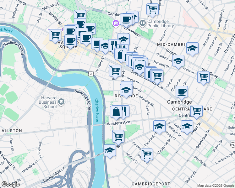 map of restaurants, bars, coffee shops, grocery stores, and more near 81 Putnam Avenue in Cambridge
