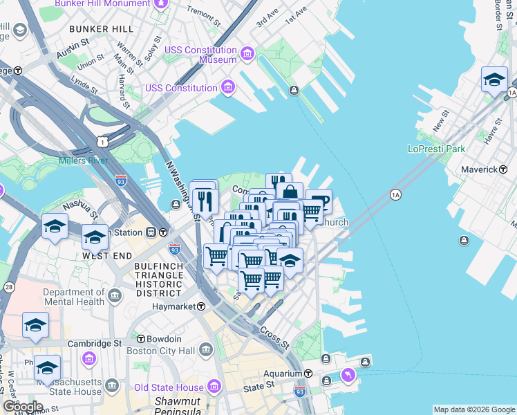 map of restaurants, bars, coffee shops, grocery stores, and more near 61 Charter Street in Boston