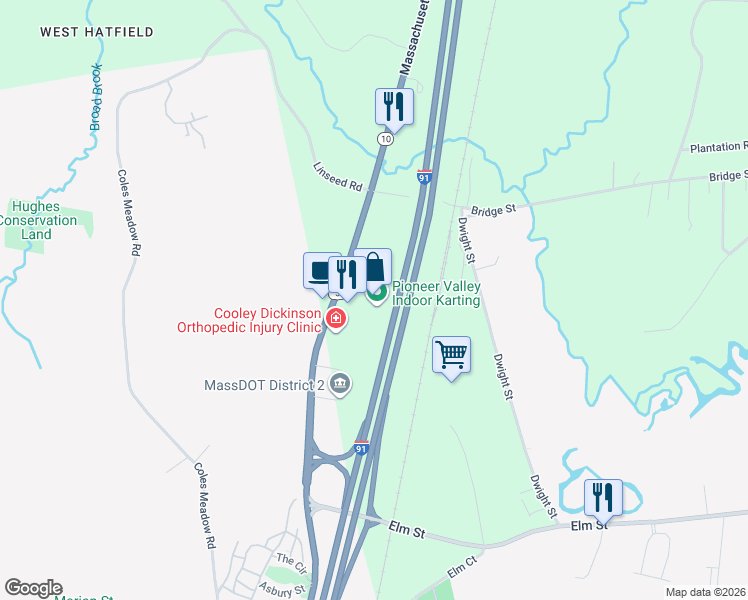 map of restaurants, bars, coffee shops, grocery stores, and more near 10 West Street in Hatfield