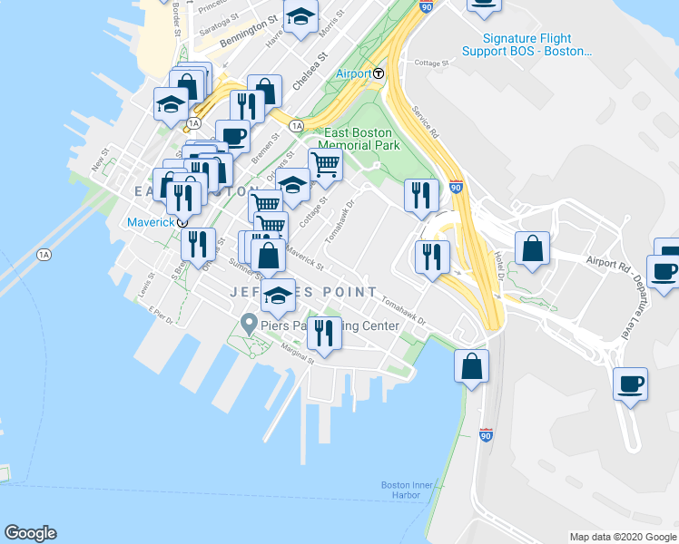 map of restaurants, bars, coffee shops, grocery stores, and more near 296 Maverick Street in Boston
