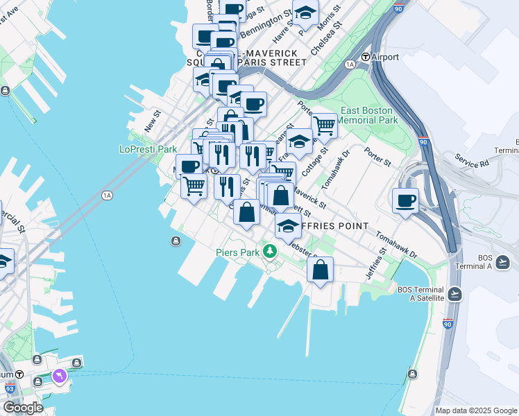map of restaurants, bars, coffee shops, grocery stores, and more near 16 Cottage Street in Boston