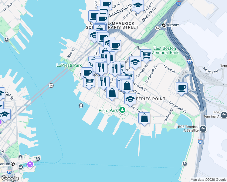 map of restaurants, bars, coffee shops, grocery stores, and more near 16 Cottage Street in Boston