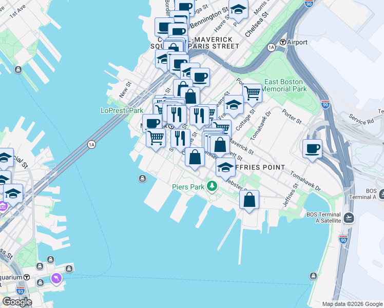 map of restaurants, bars, coffee shops, grocery stores, and more near 30 Orleans Street in Boston