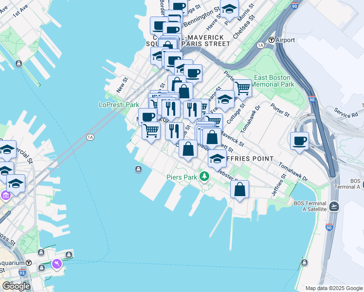map of restaurants, bars, coffee shops, grocery stores, and more near 30 Orleans Street in Boston