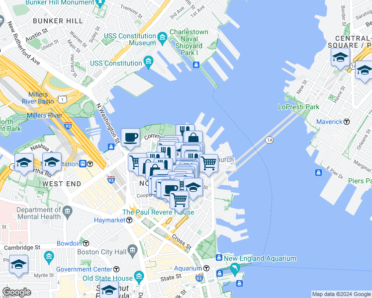 map of restaurants, bars, coffee shops, grocery stores, and more near in Boston
