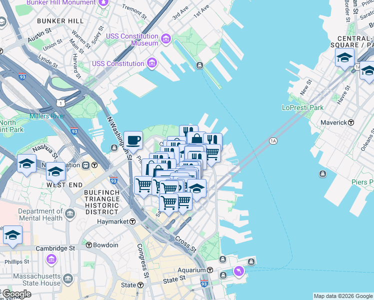 map of restaurants, bars, coffee shops, grocery stores, and more near in Boston