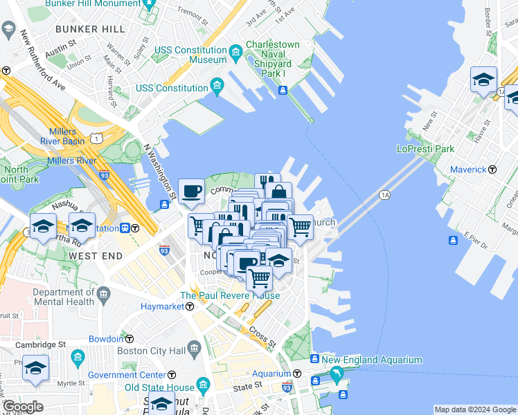 map of restaurants, bars, coffee shops, grocery stores, and more near in Boston