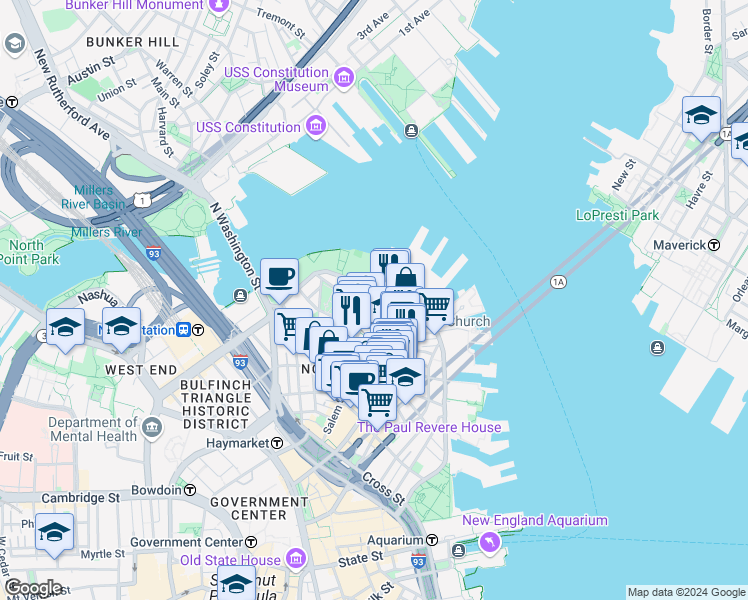 map of restaurants, bars, coffee shops, grocery stores, and more near in Boston