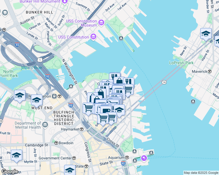 map of restaurants, bars, coffee shops, grocery stores, and more near in Boston