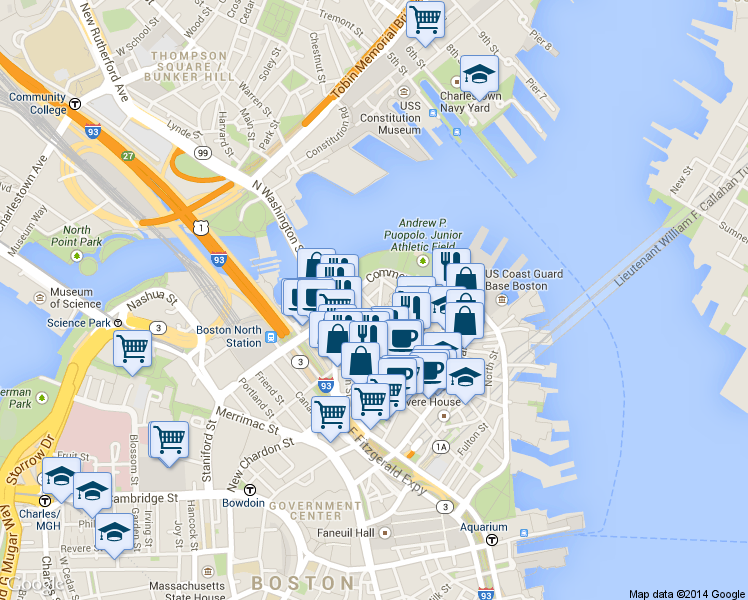 map of restaurants, bars, coffee shops, grocery stores, and more near 50 Snow Hill Street in Boston