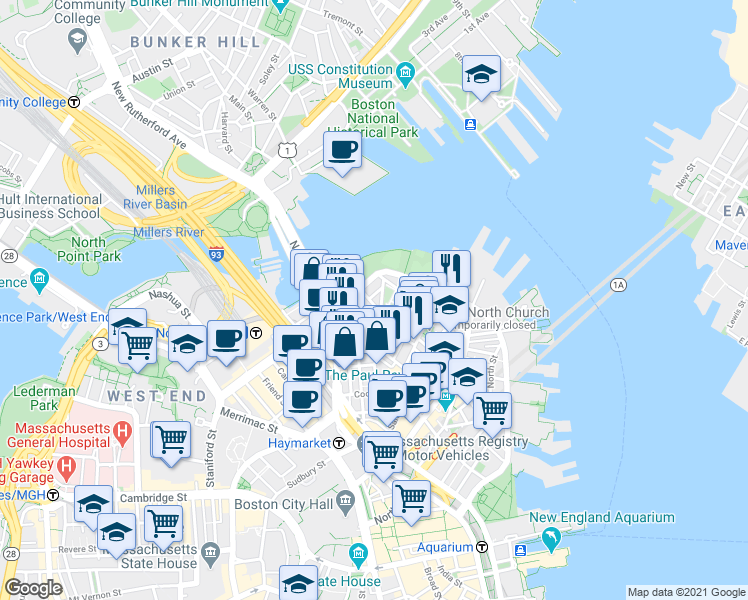 map of restaurants, bars, coffee shops, grocery stores, and more near 50 Snow Hill Street in Boston