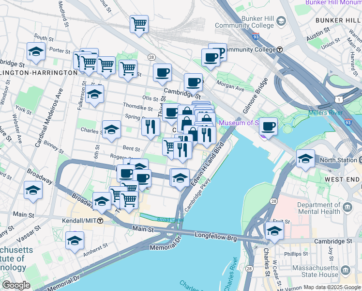 map of restaurants, bars, coffee shops, grocery stores, and more near in Cambridge