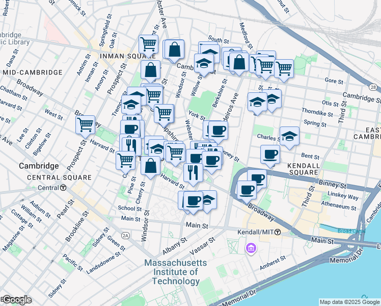 map of restaurants, bars, coffee shops, grocery stores, and more near 33 Webster Avenue in Cambridge