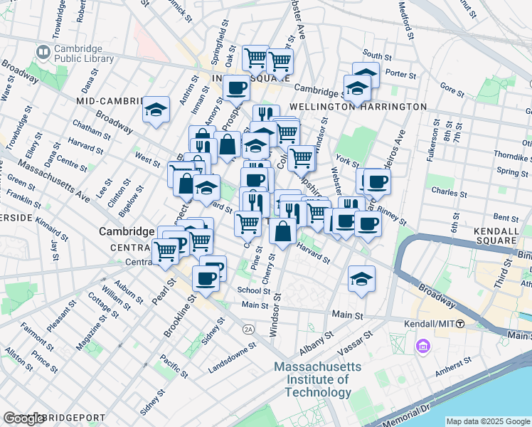 map of restaurants, bars, coffee shops, grocery stores, and more near 268 Broadway in Cambridge