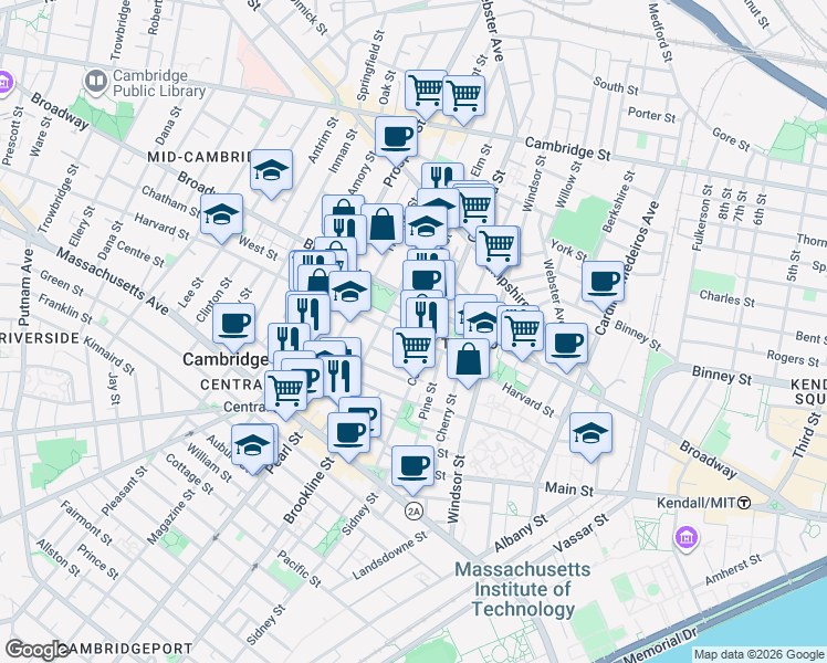 map of restaurants, bars, coffee shops, grocery stores, and more near 10 Elm Street in Cambridge