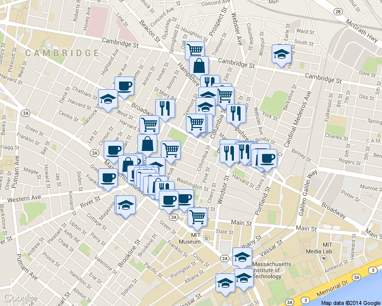 map of restaurants, bars, coffee shops, grocery stores, and more near 14 Elm Street in Cambridge